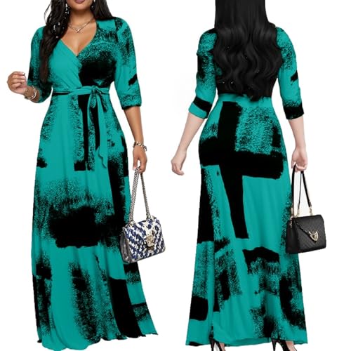 Image of Women's Church Maxi Wrap V Neck 3 /4 Sleeve Tie Waist Plus Size Long Dress | Flattering wrap V-neck design enhances curves. High elastic tie waist accentuates the slimmest part, hides tummy.
