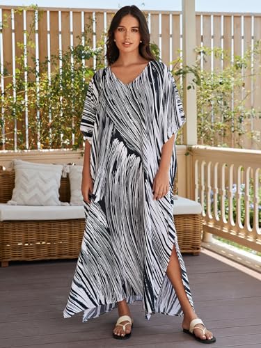 Image of IMAGEKOPE Women's Plus Size Loose Fit Moroccan Print V-Neck Batwing Kaftan Beach Dress Bathing Suit Cover Up