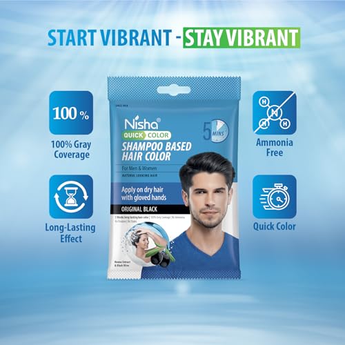 Image of Nisha Original Black 5 Minute Shampoo Hair Color, Long Lasting Permanent Hair Colour For Women & Men, Ammonia Free Hair Dye, 100% Grey Coverage (8 Pouch - 20ml each)