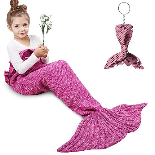Amyhomie Mermaid Tail Blanket, Little Mermaid Blanket Soft Crochet All Seasons Sleeping Blanket for Kids, Mermaid Gift for Girls(Rose,Kids)