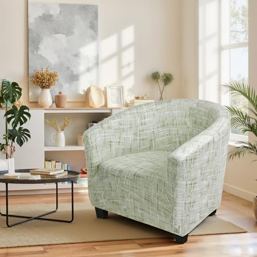 Image of SearchI Club Chair Slipcover Stretch Barrel Chair Covers Printed Tub Chair Slipcovers Soft Spandex Armchair Sofa Cover Removable Couch Furniture Protector for Living Room (Green Linen-Look Print)