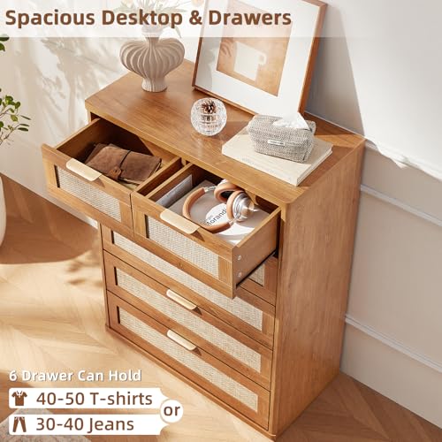 Image of LEYAOYAO Rattan Dresser for Bedroom Set of 2, 41 inch Tall Chest of Drawers, Modern 6 Drawers Boho Dressers with Storage, Vintage Brown Dresser Wooden Closet Organizer for Living Room, Hallway