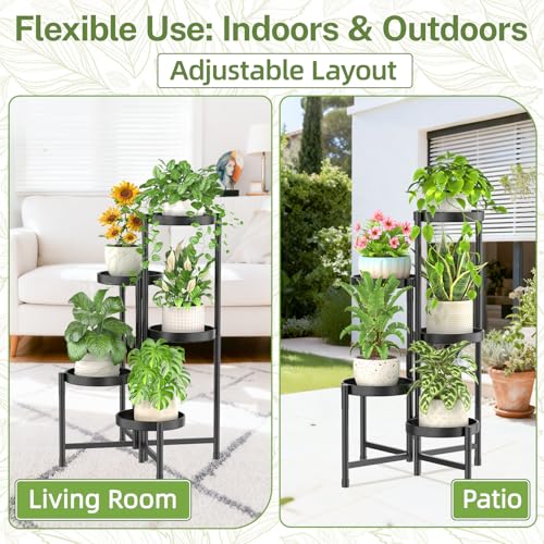 Image of iDavosic.ly Plant Stand Indoor Outdoor, 5 Tier Corner Metal Flower Display Holder Shelf, Folding Tall Orchid Rack for Patio Balcony Porch Garden Living Room House, Black