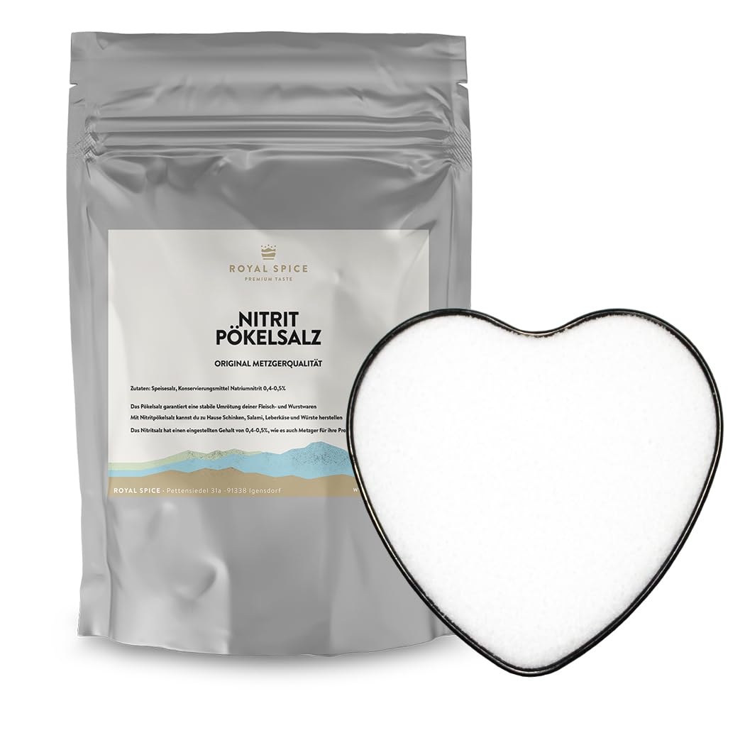 Royal Spice Nitritpökelsalz 1 kg – Feines Metzgersalz im Zip-Beutel – NPS Salz 0,4 % für Fleischveredelung, Hausgemachte Wurstwaren & Schinken – Pökelsalz mit Nitrit für Wurst & Fleisch