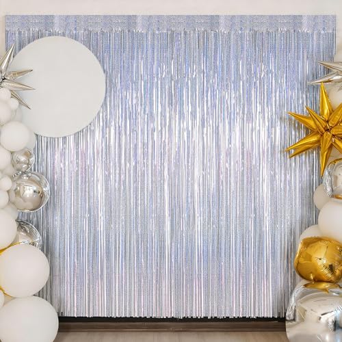 Image of ZATAYE 2 Pack Glitter Silver New Years Eve Foil Curtain Decorations | Glitter Silver, Metallic Foil, 3.28 x 7.05 FT, Tinsel Backdrop, Foil Curtain Streamer, New Years Eve Party