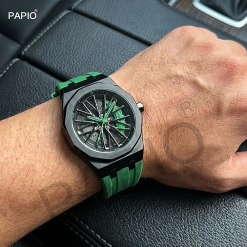 Image of PAPIO Men's Sports Analog Watch with Wheel Design Dial | Metal Case | Silicone Strap | Stylish Casual Watch for Men