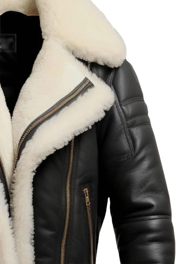 Hifa Men's Flying B3 Shearling Faux Fur Bomber Aviator Pilot Winter Jacket Genuine Sheepskin Leather, Black & White4