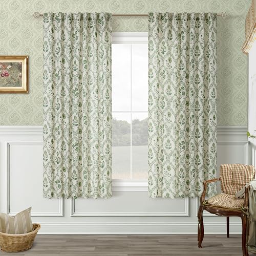 Image of Green Floral Linen Patterned Semi Sheer Curtains 63 Inch Length 2 Panels | Living Room Bedroom, Back Tab, Farmhouse, Boho French Country, Poppy Flower Plant, Kitchen Window Curtain Drapes, 52x63