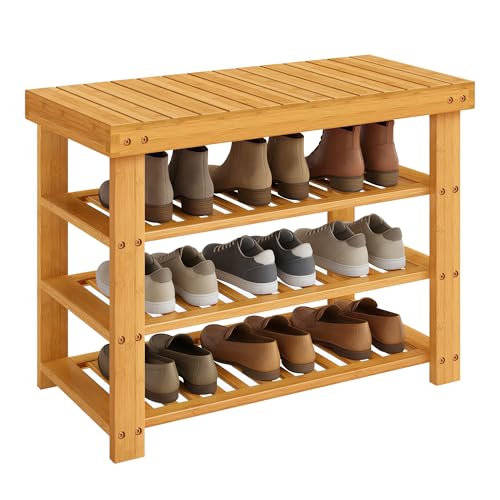 Image of SONGMICS Shoe Rack Bench, 4 Tier Bamboo Shoe Storage Organizer, Entryway Bench, for Living Room, Bathroom, Bedroom, 11.3 x 27.6 x 20.5 Inches, Light Bamboo ULBS370YL01
