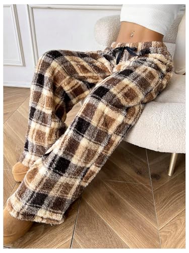 OYOANGLE Women's Plaid Fuzzy Pants Elastic Waist Loose Fit Wide Leg Cozy Lounge Trousers4