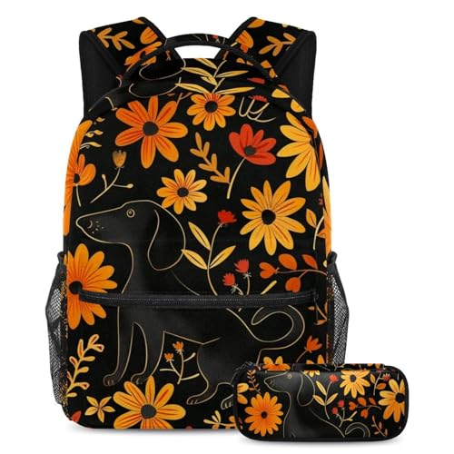Sac à dos chien saucisse fleurs colorées et trousse, cadeau de rentrée idéal