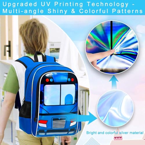 Image of WZLVO 3PCS Kids Bus Backpack Set, 16 inch Cool UV Printing Boys Bookbag /School Bag with Lunch Box & Pencil Bag for Preschool to Elementary - Blue Bus