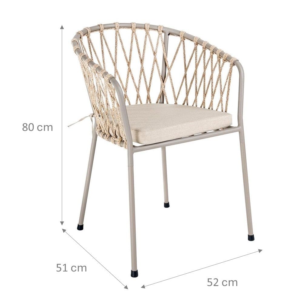 LOLAhome Silla de Jardín Myra de Acero y Cuerda Trenzada Color Limo, 52x51x80 cm, Cojín Incluido, Ergonómica, Diseño Elegante y Resistentes, Patas Desmontables Uso Exterior