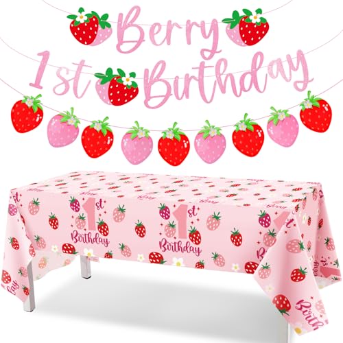 Tegeme Berry First Birthday Decor Strawberry 1st Birthday Decorations for Girls with Berry First Banner Tablecloth Strawberry Garland for Party Supplies