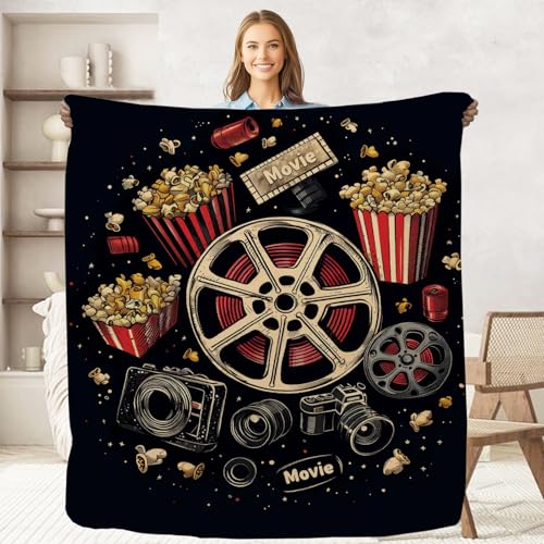 keepitcozi Movie Ticket Popcorn Throw Blanket for Adult Kids Movie Theater Cinema Gifts Blanket Home Room Decor Flannel Soft Blanket for Bed Couch 50x60