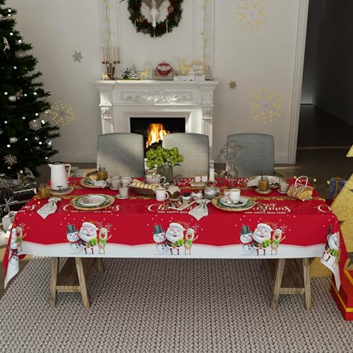 Fibevon Christmas Tablecloths, 2-Pack Rectangular Disposable New Year Tablecloth 54 by 110 inch Premium Table Covers with Elk Snowman and Santa Claus Plastic Tablecloth for Happy New Year Decor – Image 7