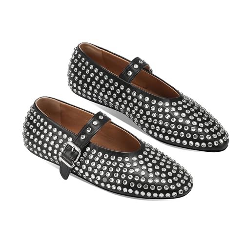 Women's Rhinestone Flats Crystal Studded Mary Jane Ballet Flats Shoes Buckle Ballerina Shoes