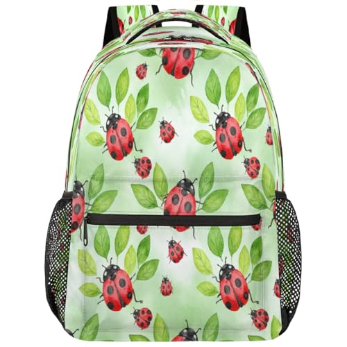 Mochila ligera para laptop de 15.6 pulgadas con estampados de hojas y mariquitas para viaje