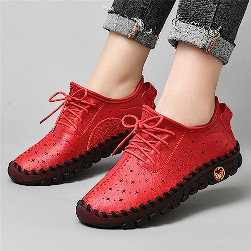 Image of Women'S Hollow Leather Lace Up Flat Loafers,Lightweight Breathable Casual Comfort Non-Slip Walking Shoes Handmade Beef Tendon Soft Sole Mom Nurse Shoes