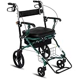 Gehgestell-Rollator mit Rädern, zusammenklappbare Gehhilfe, höhenverstellbarer Sitz mit Sitz und unterem Seitenkorb, Gehhilfe für ältere Menschen, Trolley aus Aluminiumlegierung, langlebig, grün