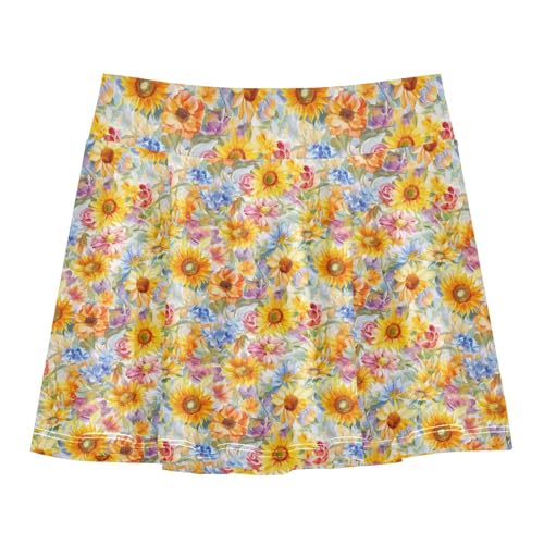 Colorful Sunflower Flowy Little Girls Tennis Skirt with Built-in Shorts Pleated Skirt for Kids with Pockets Little Girl Skorts
