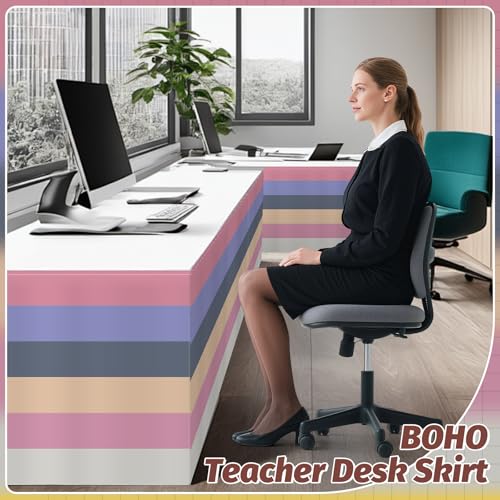 Image of 12FT Boho Table Skirt Teacher Desk Skirts for Classroom Decorations Colorful Rectangle Round Table Cover Skirt for Back to School Party Supplies Kindergarten Preschool Office Bookcase Cabinet Shelf