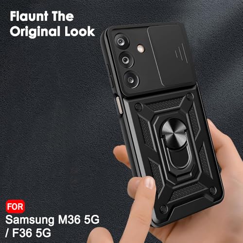 Image of TheGiftKart Tough Armor Bumper Back Cover Case for Samsung Galaxy M36 5G / F36 5G | Sliding Camera Cover, Kickstand & Ring Holder | 360 Degree Protection Back Case Cover (PC & TPU, Black)