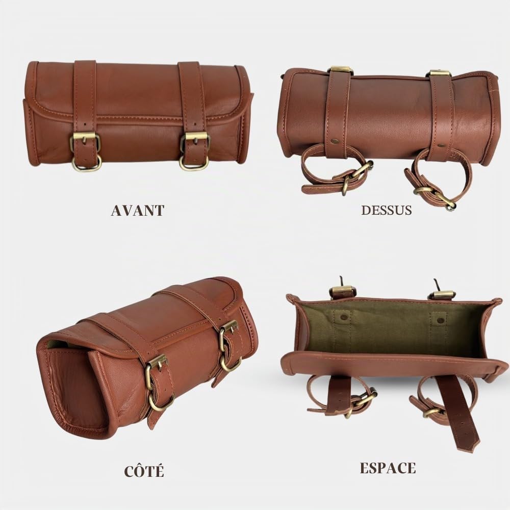Sac à Outils Moto en Cuir de chèvre Authentique 25 cm, Vintage, avec 2 Sangles et Fermeture à Boucle à dégagement Rapide renforcée pour Guidon/Fourche/Sissy Bar, idée Cadeau de Noël/Nouvel an, Marron
