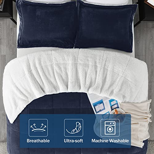 Downluxe Ultra-Soft Micromink Sherpa Queen Comforter Set With 2 Pillow Shams - 3-Piece Set - Navy - Plush Warm Fall Winter Blanket & Bedding Comforter Sets #TOP5