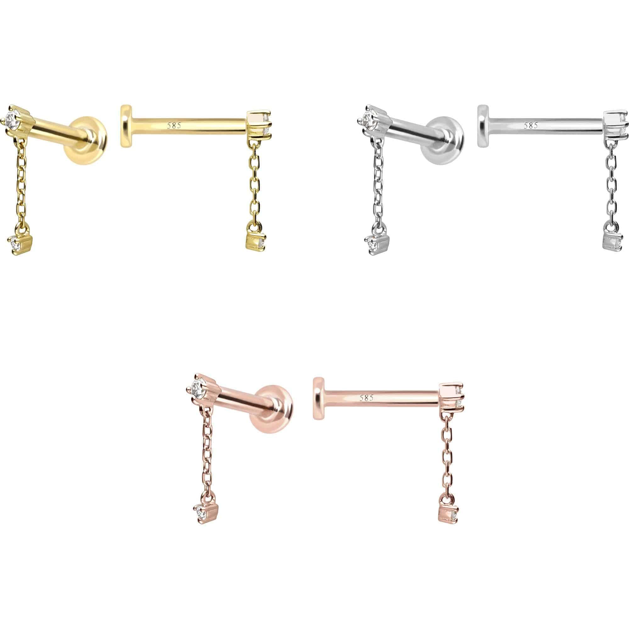 PIERCINGLINE Piercing Stecker 14 Gold Labret mit Innengewinde 2 MOISSANITE + KETTE 585er Gold - Roségoldfarben, Goldfarben, Silberfarben