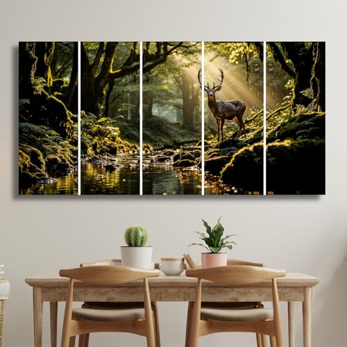 Image of Golden Deer Painting for Wall Decoration | 5-Piece MDF Wall Painting Set | Waterproof, Dustproof | Sparkle Laminated Big Size Deer Wall Painting for Living Room, Bedroom, Office, Home Decor