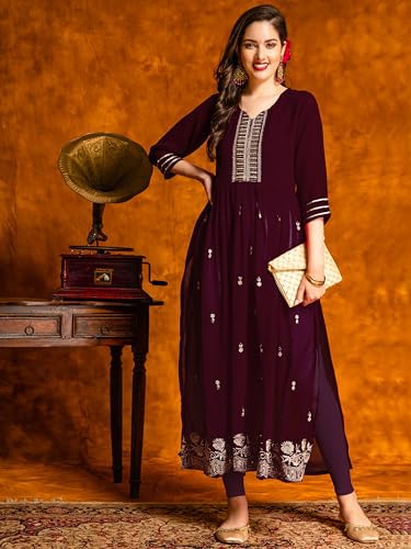 Image of EthnicJunction Women's Georgette Relaxed Fit A Line Embroidered Naira Cut A-Line Kurta | Karva Chauth Special Kurta
