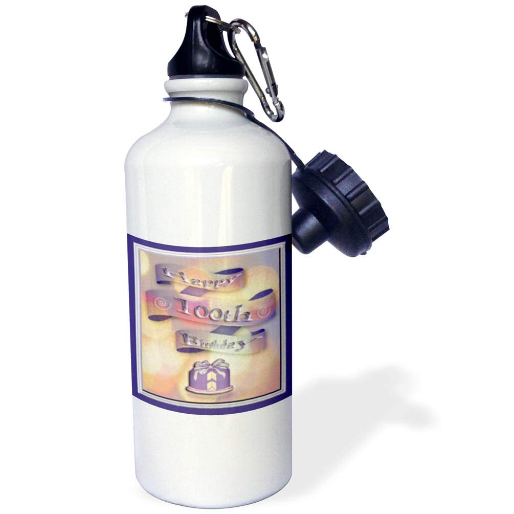 3dRose Ribbon and Cake Happy 100th Birthday - Sports Water Bottle 21 oz White