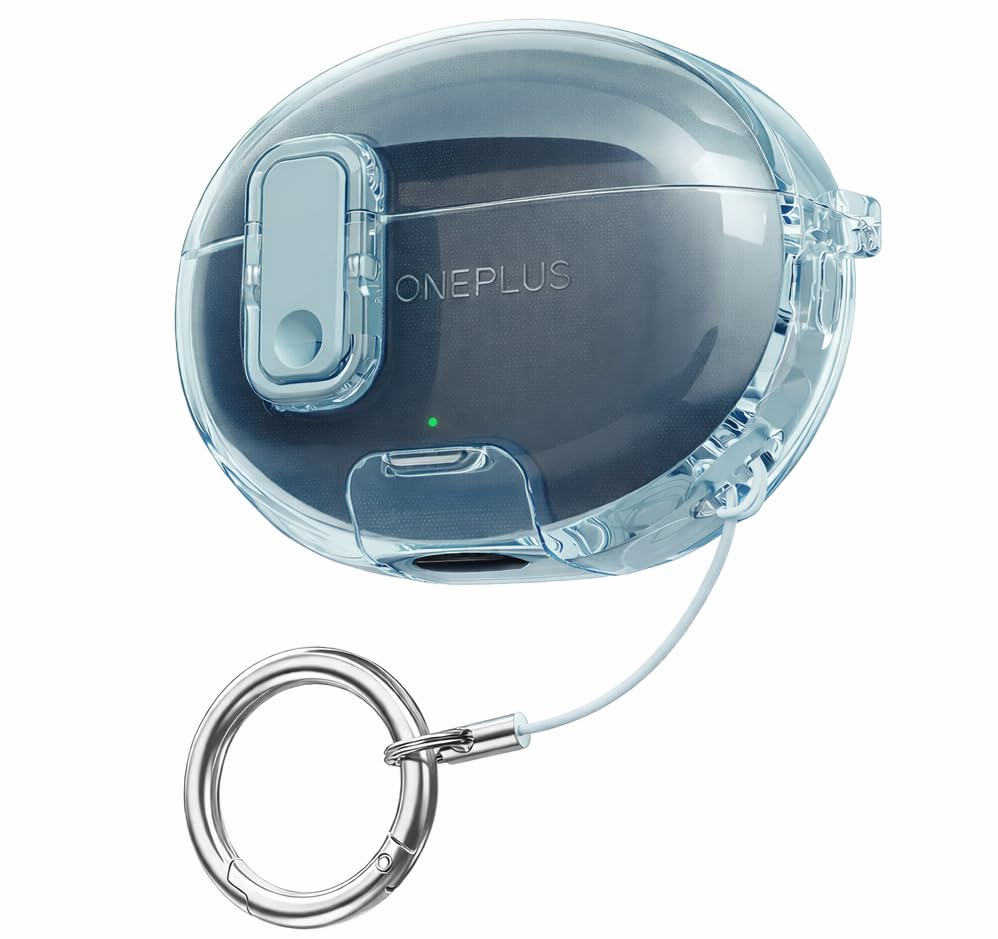 Image of Clear TPU Case for Oneplus Buds 4 with Metal Keyring, Built-in Phone Stand, Locking-Switch Design, Dust and Water Protection Cover (Transparent Blue with Stand)