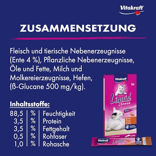 Vitakraft Liquid Snack, Katzen Leckerli, Katzensnack cremig, mit Ente und Beta Glucane, in einzelnen Sachets, verbessert die Immunabwehr (1 Paket mit 6x 15g)