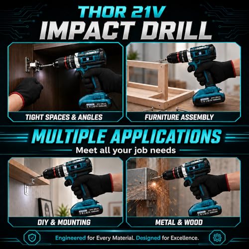 Image of THOR 21V Cordless Drill, 10mm Metal Chuck, 350-1350 RPM, 2x1500mAh Li-Ion Batteries, for Wood Metal Masonry, with Carry Case