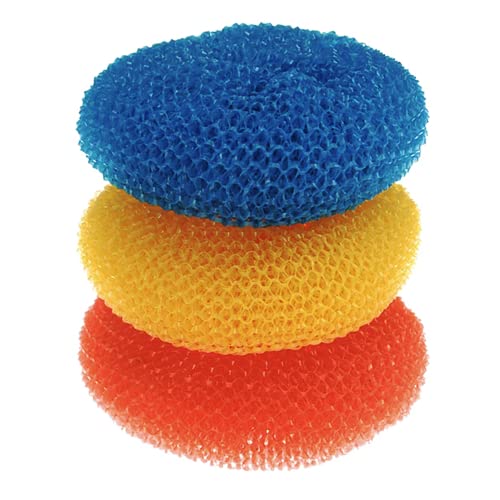 LOLA Plastic Mesh Scouring Pads - 3 Pack 3.375 x 1.25 Non-Scratch Dish Scrubbers to Clean Dishes Assorted Colors - Red Blue & Yellow