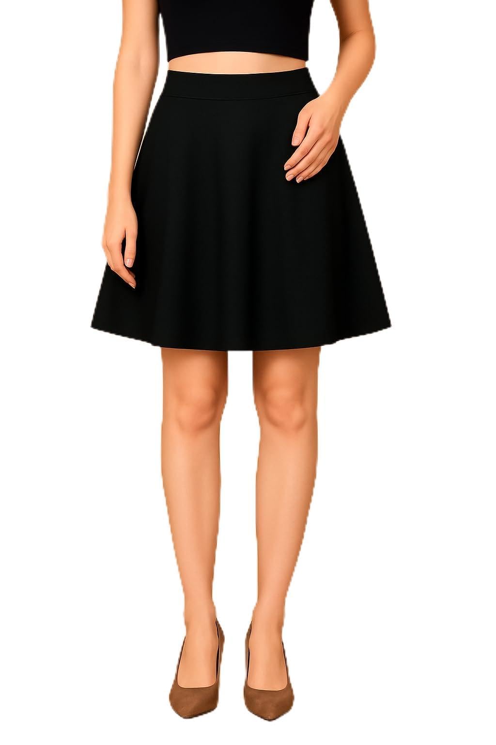 Women’s Fashion Black Mid Waist Skater Skirt Comfortable Stretch Lycra Midi Skirt for College & Casual-picture-33