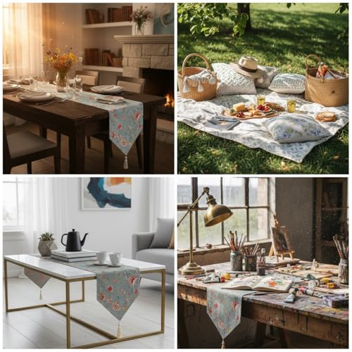 Image of COZY FURNISH Pure Cotton Table Runner with Tassels - Floral Printed 6 Seater Dining Table Runner & Bed Runner | Soft Washable Home Decorative Linen