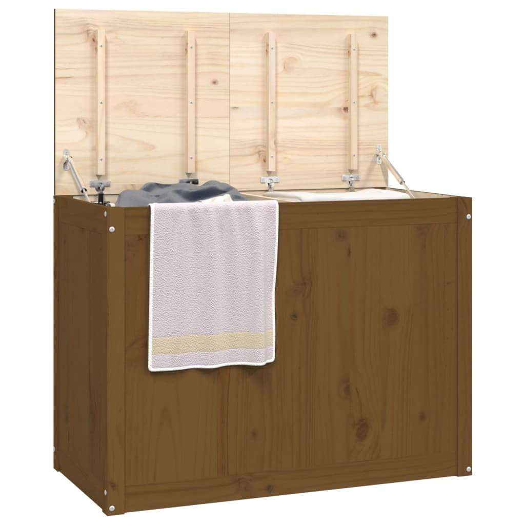 Mangloder Wäschetruhe aus massivem Kiefernholz in Honigbraun, 88,5 x 44 x 66 cm, 2 Fächer, Deckel mit Gasdruckfeder für Badezimmer, Schlafzimmer und Waschküche, Ordnung für Schmutzwäsche und Kleidung