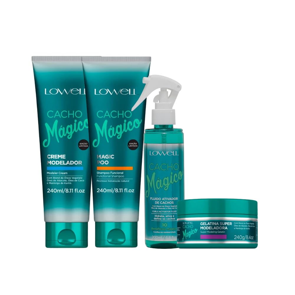 Lowell Cacho Magico Kit - Shampoo 240 ml + Crema Modellante 240 ml + Fluido Attivatore 200 ml + Gelatina Super Modellatrice 240 g - Definizione, Brillantezza e Controllo per Ricci Naturali