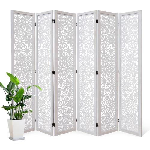 Folding Daisy Carved Wooden Room Divider (White 6 Panels)