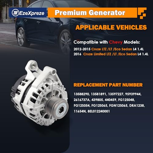 Image of EzeXpreze New Alternator Compatible with 2012-2015 Chevrolet Cruze 1.4L L4, 2016 Chevy Cruze Limited 1.4L L4 130Amp Replace# 13588290, 13581891, 13597227, 95939944