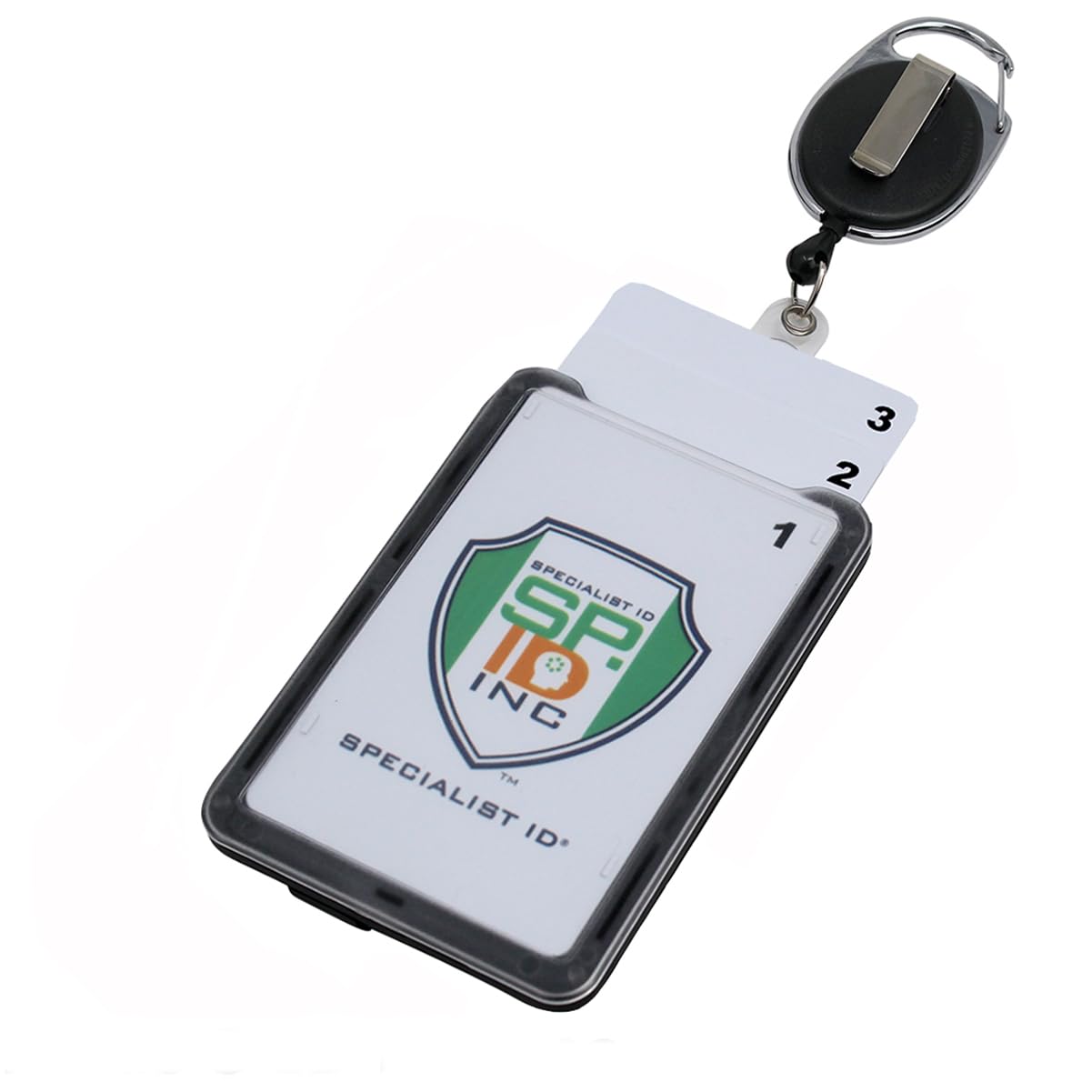 5 Pack - Hard Plastic 3 Card Badge Holder with Badge Reel - Retractable ID Lanyard Features Belt Clip & Carabiner - Rigid Vertical CAC Holder - Top Load Holds Three Cards (Black)