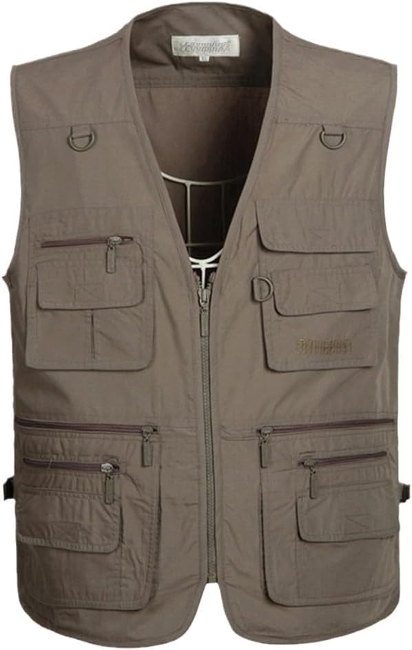 Dninmim Men Fishing Vest V-Neck Zipper Waistcoat Multi-Pocket Thin Cotton Outdoor Sport Jacket