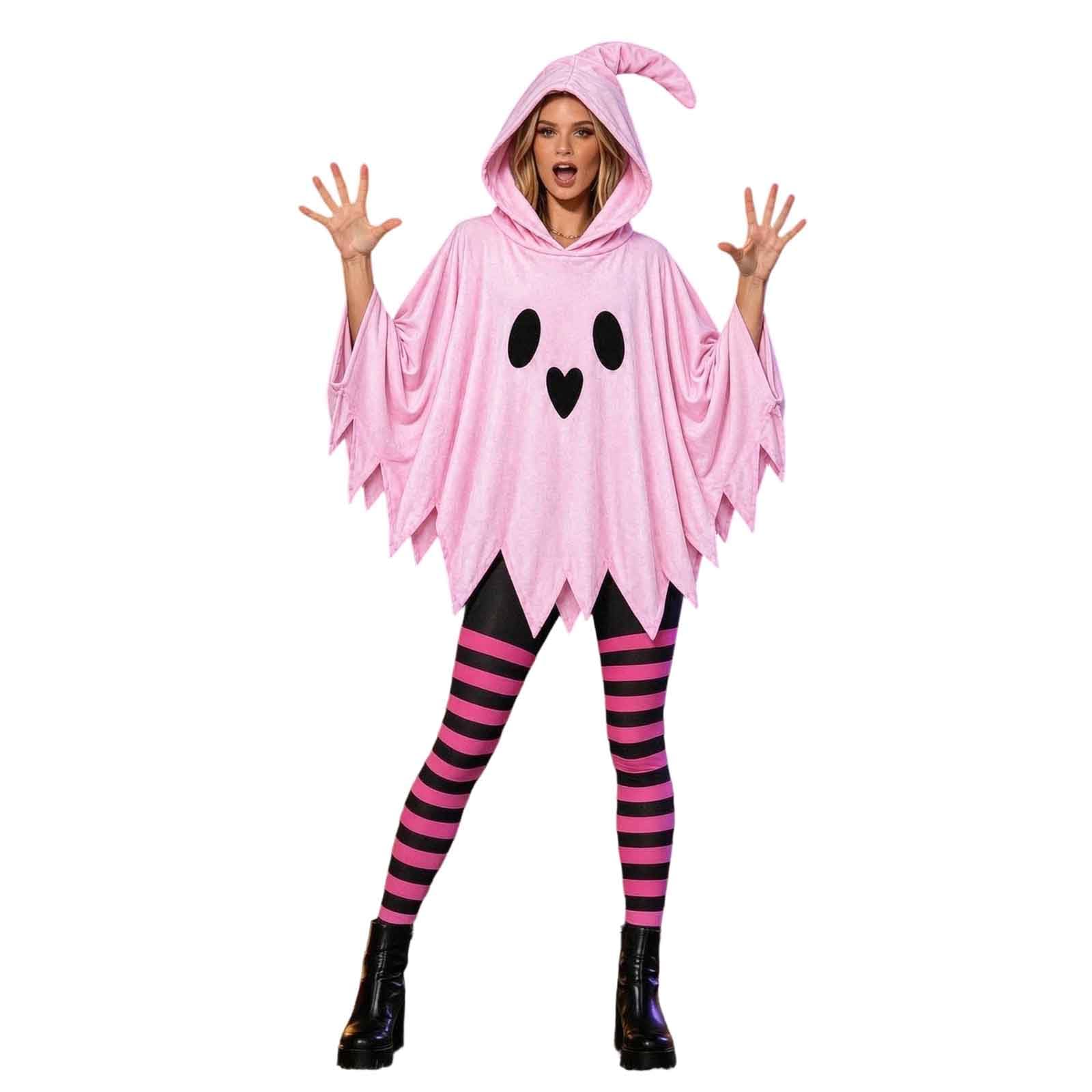 4 Pcs Ghost Costume Women, Ladies Glow in the Dark Poncho Halloween Adult Ghost Outfit Costume Set with Hooded Ghost Cape Socks Boo Headband and Candy Bag for Female Halloween Fancy Dress Party — image 1