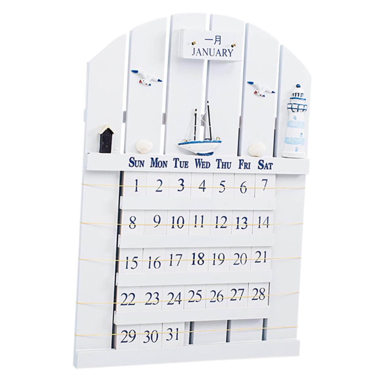 SHINEOFI Calendario Perpetuo y Fácil Cambio de Mes Estilo Mediterráneo de Madera Calendario de Pared Blanco Diseño Único para Decoracion Verano