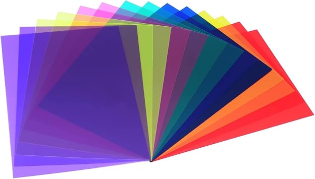 Correction Gel Light Filter,12 PCS A4 Coloured Transparent PVC Plastic Sheets Semi-Transparent PP Film for Photography Lighting,Stage Effects,Reading Aid 12 Vibrant Colors 29.7x21CM
