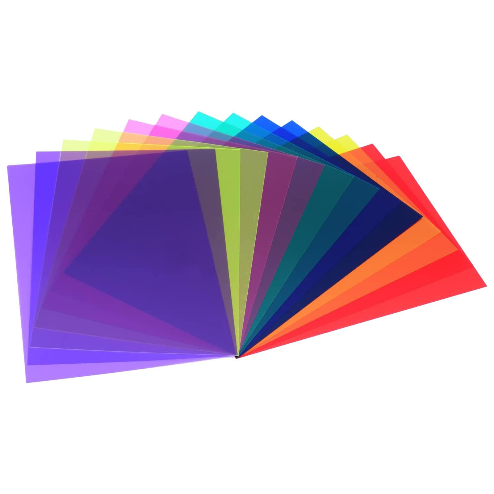 Lot de 12 feuilles transparentes colorées A4, film PVC/PC pour filtres à gel et correction de couleur | Autocollant réversible + découpe personnalisable (29,7 x 21 cm)