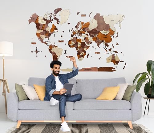 Image of Woodsify 3D Wooden World Wall Decor for Home & Office, Birch Plywood XL Full Pack with Countries, States & Capitals Names, Large Educational Travel-Themed Wall Art, 78 x 59 Inch